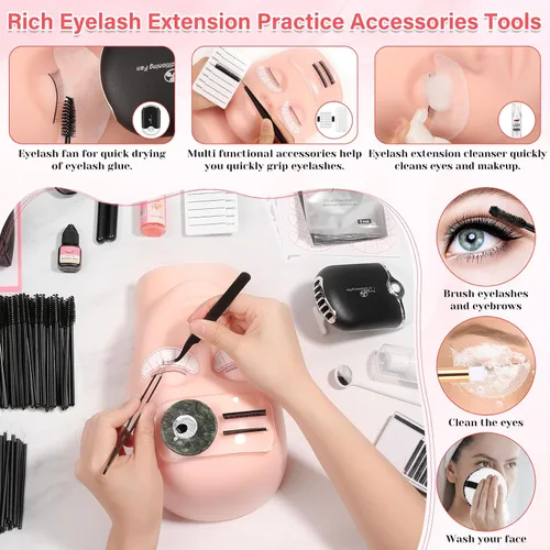 Miniatura 6 de Kit de pestañas para principiantes de extensión de pestañas Kit de extensión de pestañas con cabeza de maniquí de pestañas, Kit de inicio