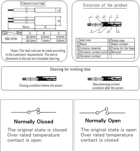Miniatura 3 de 15 unids termostato 113.0 °F normalmente cerrado interruptor controlador de temperatura N.C 5A 250V interruptor térmico de metal KSD9700