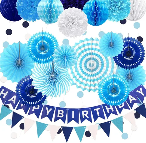 Miniatura 18 de 23 piezas de decoraciones de fiesta de cumpleaños azules para niños y hombres, bola de panal azul marino real azul claro, abanicos de papel