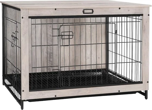 Miniatura 12 de Mueble de jaula para perros, perrera pequeña de 25.5 pulgadas para interiores, jaula de madera con bandeja extraíble, mesa auxiliar lateral que