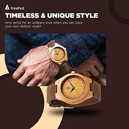 Miniatura 4 de Treehut - Reloj de pulsera analógico para hombres, de madera con correa de piel auténtica, estilo elegante.