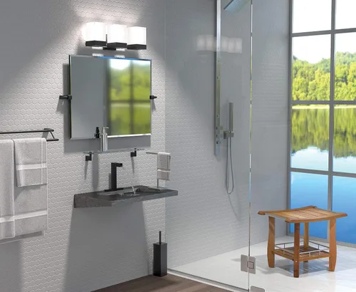 Miniatura 3 de Gatco 4719MXSM Bleu Espejo rectangular sin marco, 24 H, negro mate/montado en la pared, espejo rectangular biselado inclinable para baño