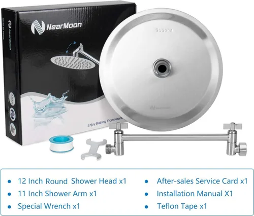 Miniatura 6 de NearMoon Cabezal de ducha de lluvia con brazo ajustable de 11 pulgadas, ducha de lluvia de acero inoxidable de alta presión, diseño ultrafino, Níquel