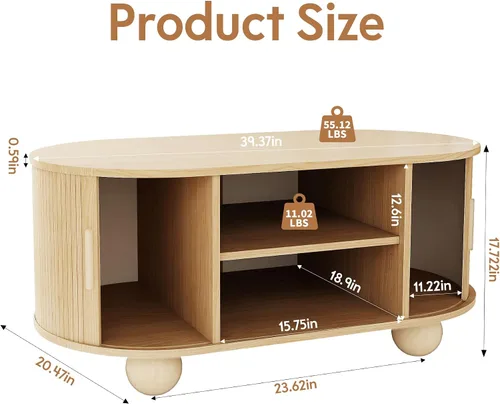 Miniatura 2 de Mesa auxiliar rectangular, mesas de centro acanaladas para sala de estar, mesa de centro de mediados de siglo con almacenamiento y puertas Natural