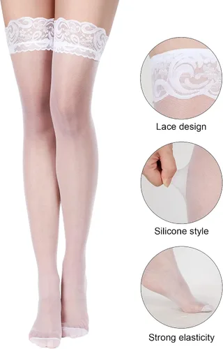 Miniatura 3 de Boao 3 pares de medias altas hasta el muslo para mujer, antideslizantes, de silicona, con encaje, medias de seda para mujeres y niñas, suministros