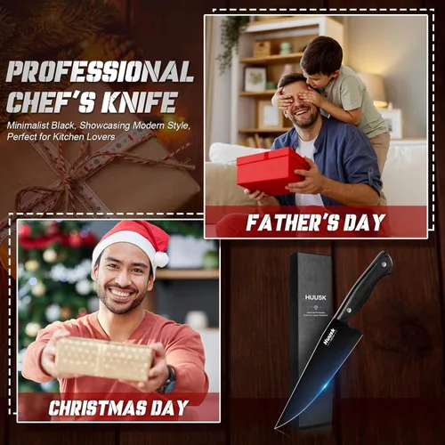 Miniatura 6 de Huusk Cuchillo de chef japonés para cocina, cuchillo de cocina de acero inoxidable de 8 pulgadas con revestimiento de titanio negro, cuchillos