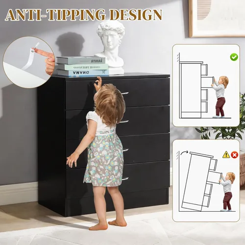 Miniatura 4 de Karl home Cómoda negra de 4 cajones para dormitorio, cómoda moderna de almacenamiento con cajones, mesa auxiliar de madera, mesa de noche, sala