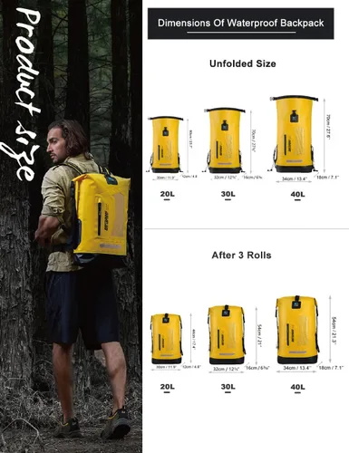 Miniatura 4 de IDRYBAG Mochila impermeable para hombres 5.28/7.93/10.57 galones, saco seco flotante para kayak, mochila seca para senderismo Amarillo