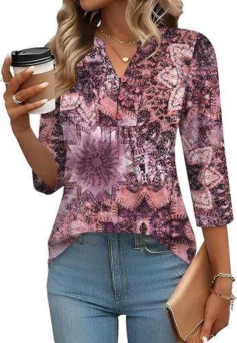 Miniatura 17 de IECCP Blusas de verano de manga 3/4 para mujer, estilo casual, cuello Henley, cuello en V, plisadas, ajuste holgado, blusas de trabajo