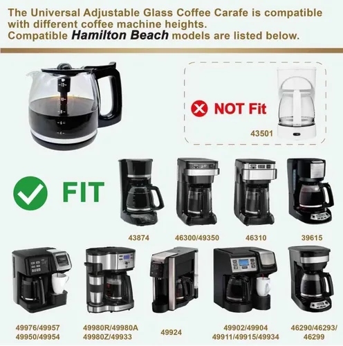 Miniatura 6 de Jarra de café universal de repuesto de vidrio de 12 tazas, compatible con múltiples marcas de cafetera, mango negro