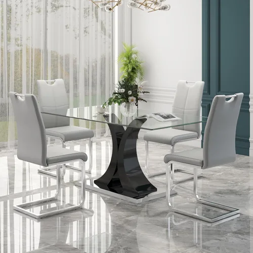 Miniatura 13 de Juego de comedor moderno de vidrio de lujo de 5 piezas, juego de cena rectangular minimalista grande para 4, juego de mesa de cocina de vidrio