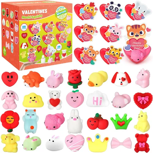 SURCVIO Paquete de 28 regalos para el día de San Valentín para niños, corazones rellenos de mochi y tarjetas de felicitación de San Valentín Kawaii