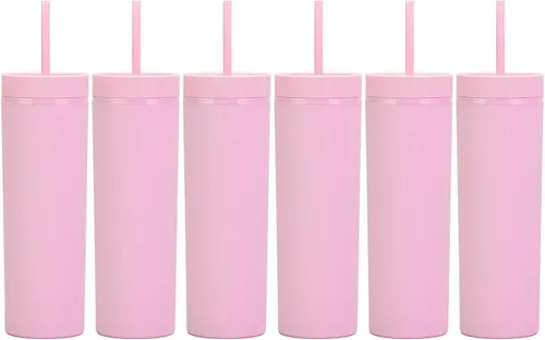 Miniatura 9 de Vasos negros mate con tapas y popotes. Vasos delgados de 16 onzas a granel. Vasos acrílicos de plástico de doble pared pastel para batidos de café