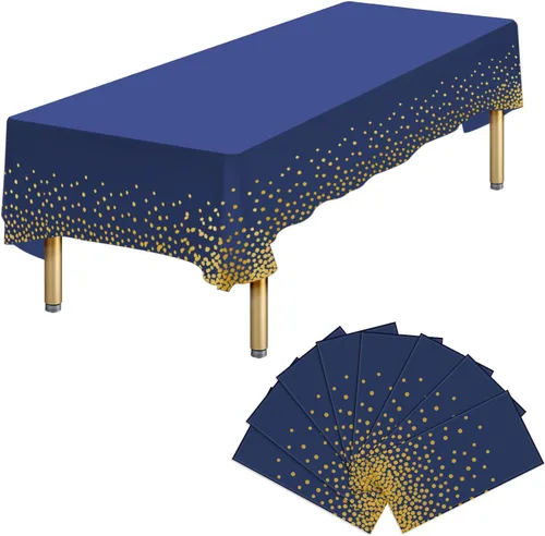 Miniatura 12 de Paquete de 4 manteles de plástico desechables azules y dorados para mesa rectangular, manteles desechables de 54 x 108 pulgadas, manteles