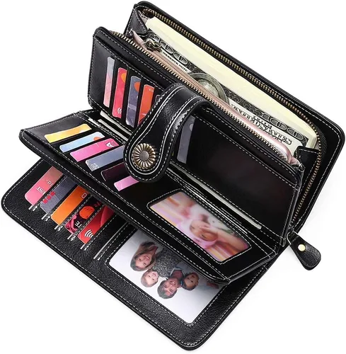 Miniatura 2 de SENDEFN - Cartera de cuero genuino para mujer con correa, 24 ranuras para tarjetas, 2 compartimentos para tarjetas de identificación, ventanas