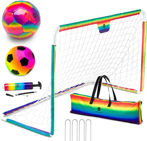 Morvat Juego de portería de fútbol con bastones de metal para niños, equipo de entrenamiento portátil ligero para patio trasero e interior, red
