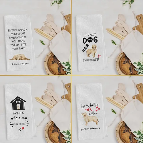 Miniatura 2 de Gettu Golden Retriever Juego de Cocina de Tejido Waffle, Toallas de Mano y de Té (16x24 Pulgadas, Juego de 4)