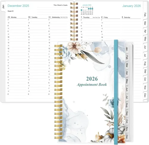 Agenda 2026 - Planificador diario y por hora 2026 desde enero 2026 hasta diciembre 2026, 12 pestañas mensuales, bolsillo interior, 16.3 x 21.6 cm,
