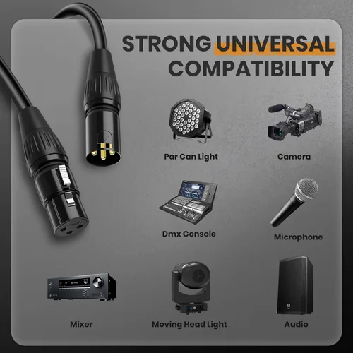 Miniatura 5 de Cable DMX de 10 pies, paquete de 8 cables flexibles XLR chapados en oro de 3 pines macho a hembra, cable para señal de iluminación de escenario
