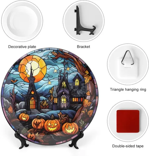 Miniatura 3 de Platos decorativos de Halloween, diseño de casa embrujada, escena nocturna, vitral, placa de cena de cerámica para el hogar con soporte de Escena
