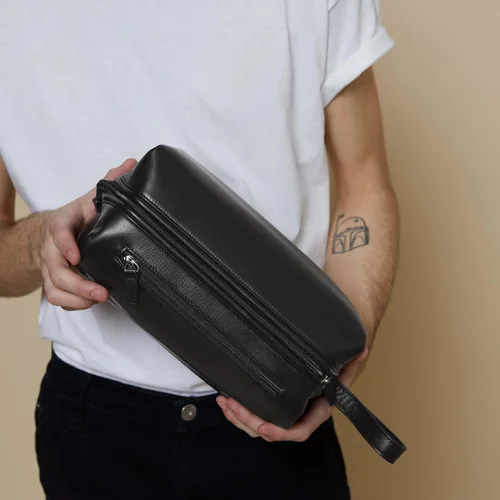 Miniatura 2 de Leatherology Neceser con marco de ónix negro, kit de piel de grano completo para hombres con apertura de boca ancha, bolsillos interiores y Negro