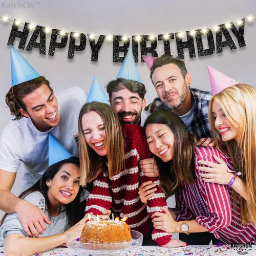Miniatura 6 de KatchOn, Cartel de feliz cumpleaños negro con purpurina iluminada – Prestrung, 10 pies Letrero iluminado de feliz cumpleaños Decoraciones