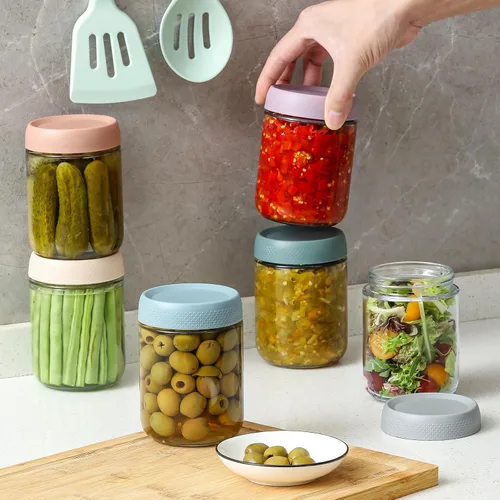 Miniatura 5 de NETANY Paquete de 6 recipientes de 16 oz para avena nocturna con tapas, tarros de vidrio con tapas herméticas, tarros de ensalada Mason de boca