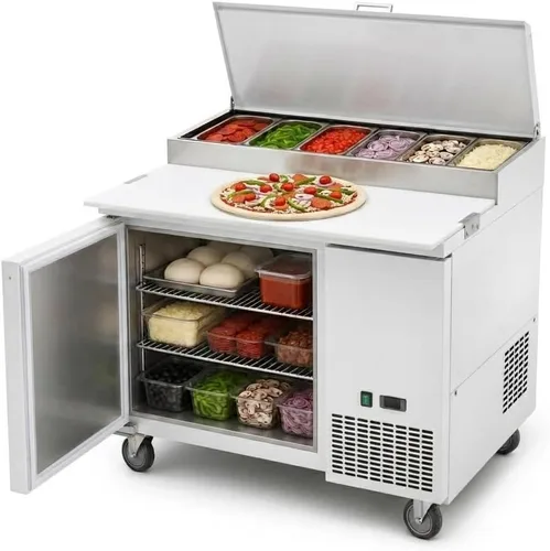 Miniatura 10 de Refrigerador comercial de 3 puertas de 72 pulgadas de ancho, mesa de preparación de ensaladas, refrigerador de acero inoxidable con tabla de cortar