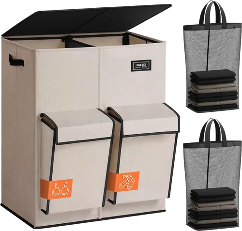 SOLEDI Cesta doble para la ropa sucia con tapa, 47.8 galones (180 litros), cesta grande para lavandería, 2 secciones con 2 bolsillos laterales, Gris