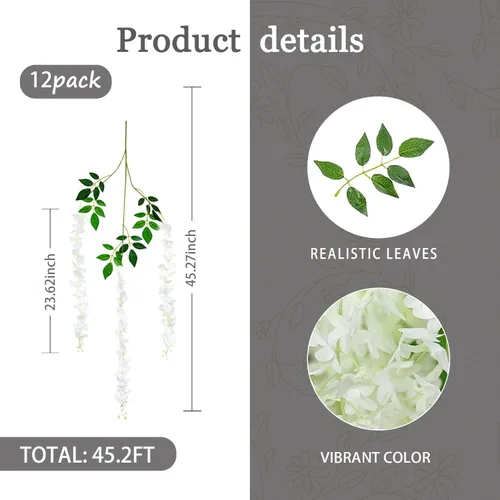 Miniatura 3 de Paquete de 12 guirnaldas de flores colgantes de glicina blanca, enredaderas de flores artificiales de 3.77 pies, glicinia falsa, guirnalda colgante