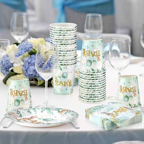 Miniatura 6 de Juego de 200 piezas de vajilla para fiesta, patrones impresos, servilletas, tazas, decoraciones de mesa para baby shower, fiesta de cumpleaños (oso)
