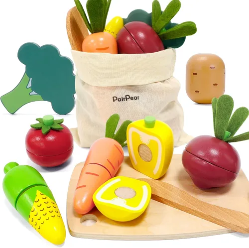 Miniatura 9 de PairPear - Juegos de comida de juguete de madera para cocina de niños, juego de frutas de corte de alimentos de juguete para niños de 3 años