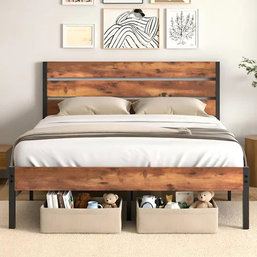 Miniatura 16 de VECELO Base de cama tamaño individual, plataforma de metal resistente con cabecera de madera, no necesita somier, color marrón antiguo