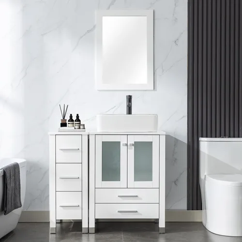 Miniatura 10 de LUCKWIND 36" Bathroom Vanity Combo with Sink, 24"+12.6" Width, Painted Bathroom Storage Cabinet with 5 Drawers, Including Tempered Glass Round