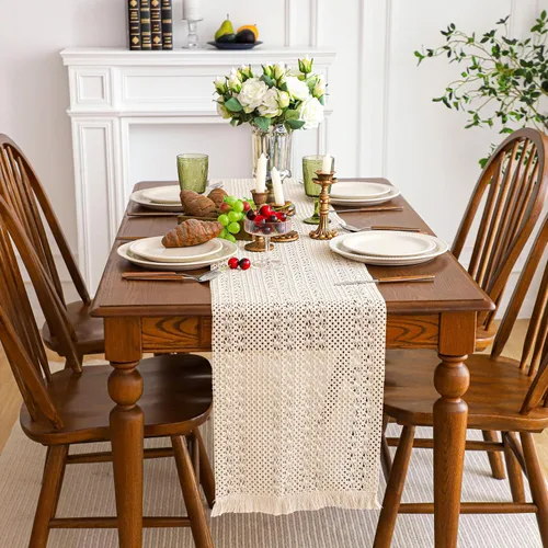 Miniatura 16 de Simple&Opulence - Camino de mesa de macramé estilo bohemio - 12 x 60 pulgadas, camino de mesa de algodón estilo granja con bordes trenzados