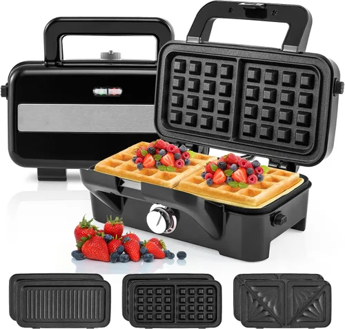 BECOMFORT Máquina de gofres 3 en 1, prensa de sándwich con 3 placas antiadherentes extraíbles, luces indicadoras, mango de tacto frío, sandwich y