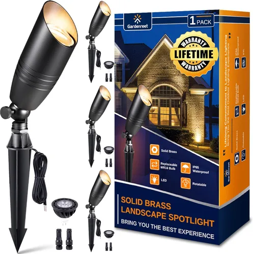 Miniatura 32 de Gardenreet Focos de paisaje de bajo voltaje - Luz superior LED de latón 12V para exterior, luces focales cableadas IP65 impermeables, enfoque