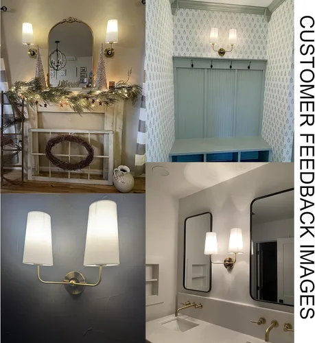 Miniatura 4 de DAYCENT Moderno aplique de pared dorado con pantalla de tela, apliques de 2 luces, iluminación de pared de doble brazo, luces de tocador de baño