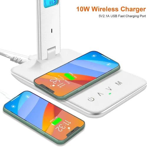Miniatura 4 de snsok Lámpara de escritorio con cargador inalámbrico, puerto de carga USB, luz de escritorio de oficina regulable con reloj, alarma, fecha, Blanco