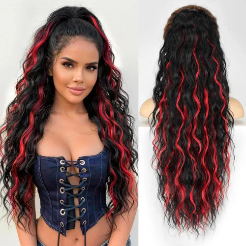 Miniatura 43 de KooKaStyle Extensión de cola de caballo con cordón de 26 pulgadas (66 cm) para mujeres, extensiones de cabello sintético rizado largo para uso