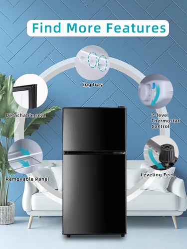 Miniatura 4 de KRIB BLING Refrigerador de 3.5 pies cúbicos con congelador, refrigerador de 2 puertas con control de termostato ajustable, refrigerador para cocina