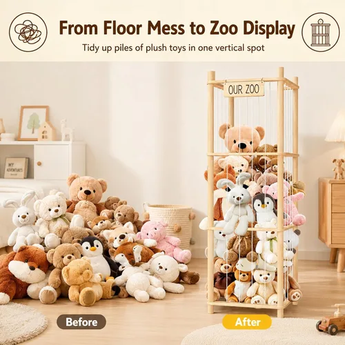 Miniatura 5 de Organizador de exhibición de animales de peluche con estante, diseño de jaula de zoológico de madera para almacenamiento grande de juguetes