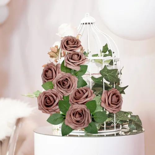 Miniatura 4 de Mocoosy 50 rosas artificiales, rosas polvorientas para decoraciones, rosas falsas de espuma de tacto real a granel con tallos, ramos de boda, Rosa