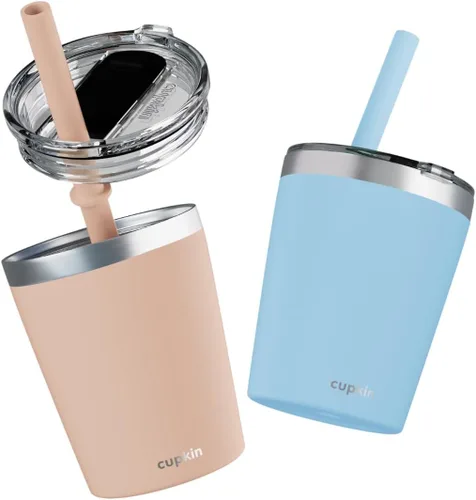 Miniatura 13 de CUPKIN - Taza apilable de acero inoxidable para niños, taza de batido, tazas aisladas con recubrimiento en polvo, tapa libre de BPA y pajilla de Rosa