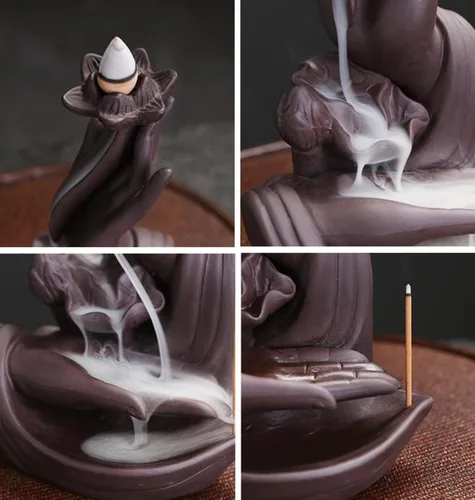 Miniatura 6 de Quemador de incienso de mano de Buda de cerámica para interiores, soporte de incienso de cascada de humo creativo Lotus para aromaterapia, adorno