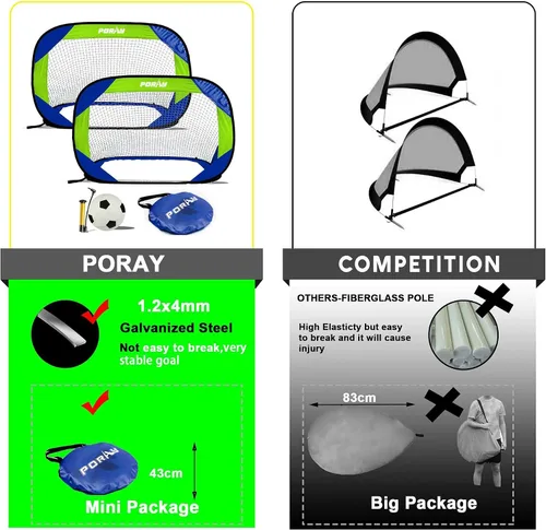Miniatura 5 de Porayhut Juegos de portería de fútbol y pelotas desplegables para entrenamiento, juego de 2, fácil montaje con bolsa de transporte compacta, regalo