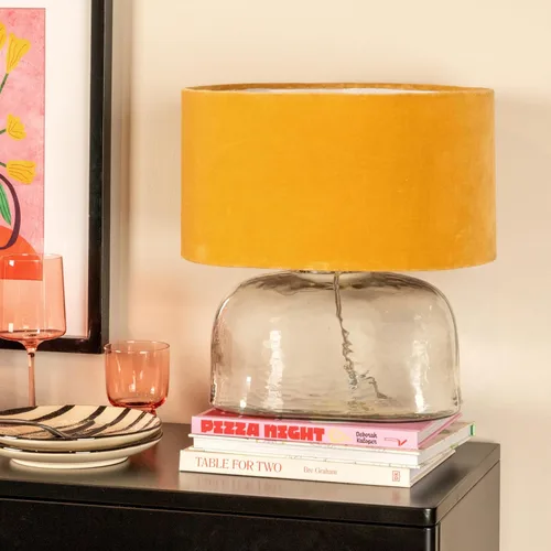 Miniatura 13 de Creative Co-Op Lámpara de mesa moderna con base de vidrio y pantalla de terciopelo, amarillo mostaza