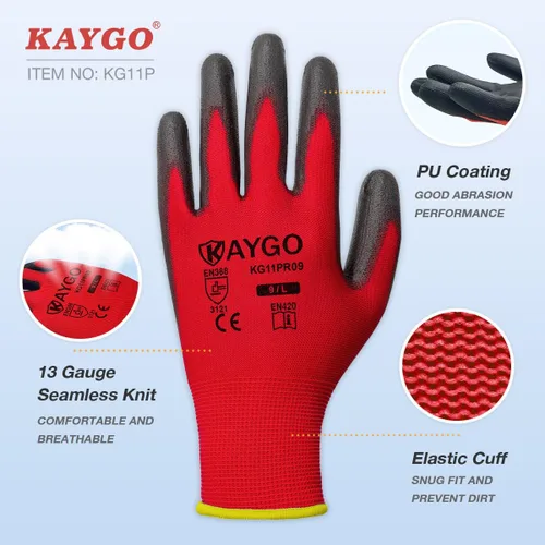 Miniatura 2 de KAYGO Guantes de trabajo de seguridad con revestimiento de poliuretano para hombres y mujeres, 12 pares de guantes de punto sin costuras KG11P