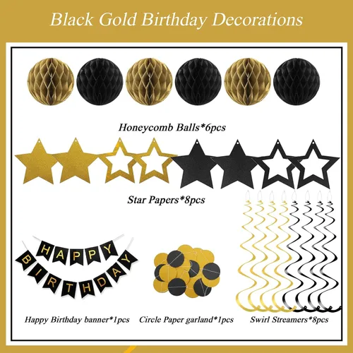 Miniatura 2 de Decoraciones de cumpleaños negras y doradas, pancarta de feliz cumpleaños con estrellas negras y doradas, serpentinas colgantes de espiral, bolas