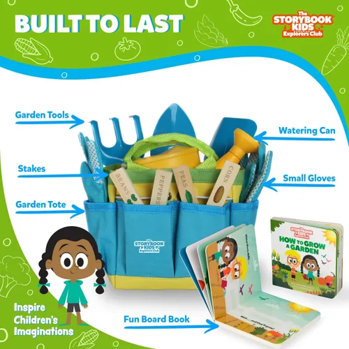 Miniatura 3 de Juego de jardinería para niños – El kit de jardinería para niños pequeños incluye regadera para niños, pala, rastrillo, estacas para plantas, Azul